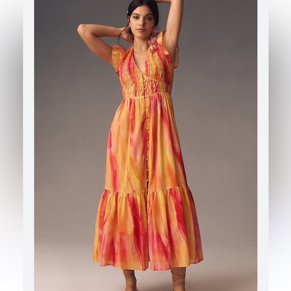 Anthropologie The Peregrine Smocked Tie Dye Ruffled Midi Dress Large